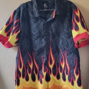 Trouble Maker by David Men's Flame Camp Biker Skater Button Up Shirt